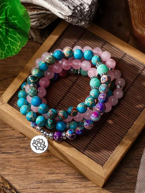 108 Mala Beads Necklace with Rose Quartz, Amazonite, and Jasper | Lotus Charm Meditation Mala | Brahmatells by Brahmatells