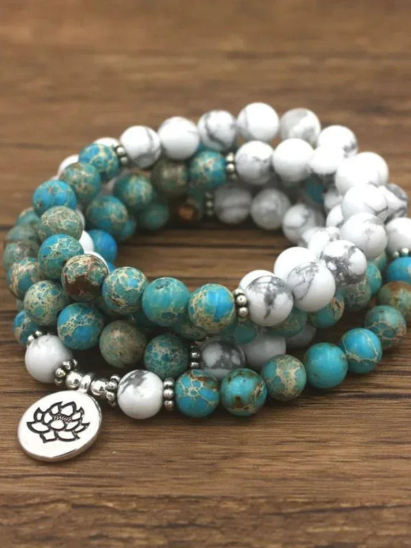 108 Mala Beads with Howlite and Turquoise Stones. Stunning Meditation Mala with Charm. Japa Mala. Prayer beads. - BrahmatellsStore