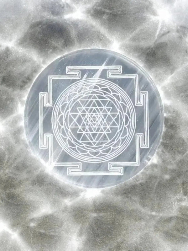 Brahmatells 3-Inch Selenite Charging Plate with Sri Yantra by Brahmatells