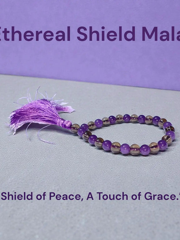 Ethereal Shield Mala Bracelet – Amethyst & Smoky Quartz Beads by Brahmatells