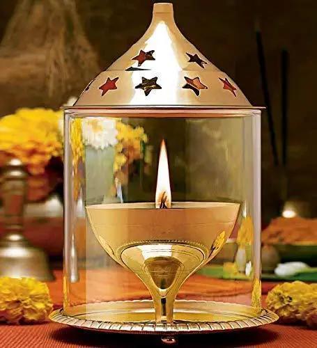 Akhand Diya with Borosilicate Glass (Brass Diya) (Golden ) by Brahmatells