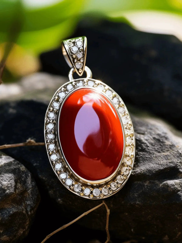 Brahmatells Red Coral Oval-Wine-Red Pendant: Mars-Infused Gemstone for Empowerment by Brahmatells