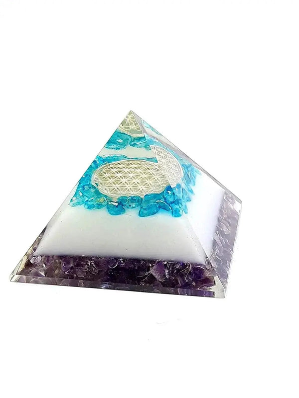 Energy Generator Blue Onxy Aqua Crystal And Amethyst Stone With Flower Of Life Logo Colorful Pyramid by Brahmatells