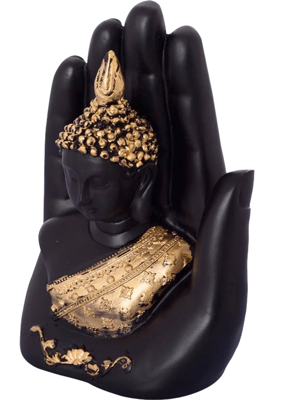 Golden Handcrafted Buddha Palm Decorative Showpiece - 18 cm (Polyresin, Gold, Black) by Brahmatells