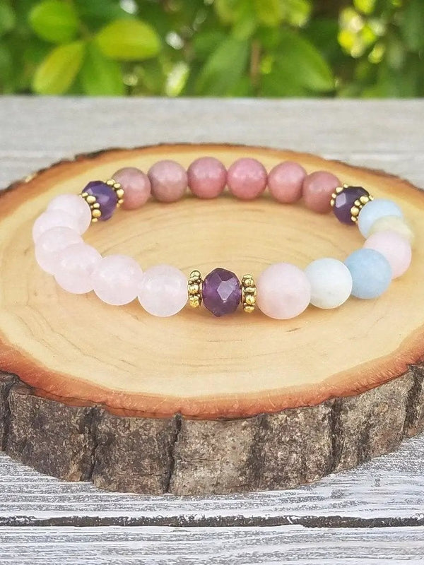 Heart Chakra Healing Bracelet - Beryl, Amethyst, Rose Quartz, Rhodonite | Brahmatells by Brahmatells