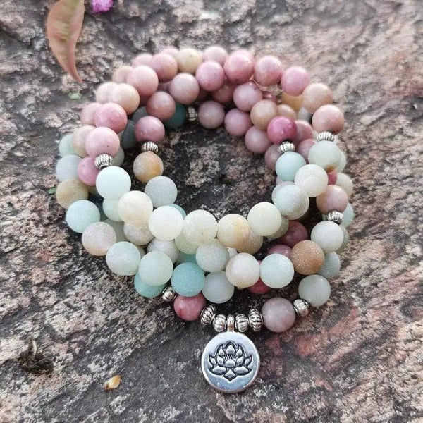 Amazonite & Rhodonite 108 Bead Mala – Handmade Spiritual Jewelry by Brahmatells