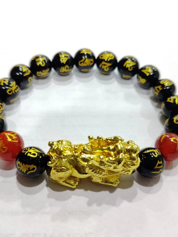 Om Mani Padme Hum Black Obsidian Red Onyx Stone With Gold Plated Pi Yao Pixiu Feng Shui Bracelet For Meditation Spiritual Healing Reiki 10MM - BrahmatellsStore