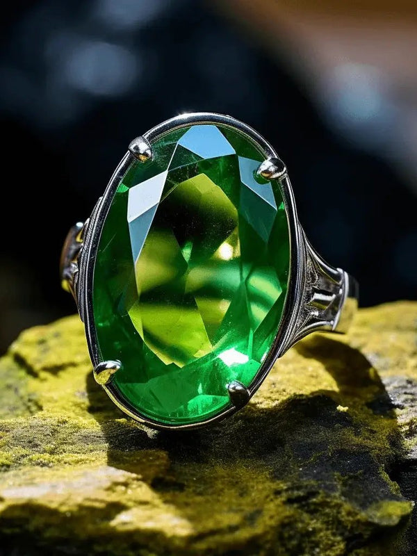 Silver Emerald Oval-Yellowish-Green Ring - Panna | Brahmatells Astro Collection by Brahmatells