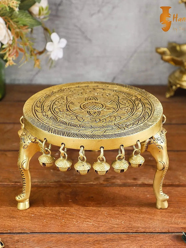 Two Moustaches Elephant Pillar Design Handcrafted Brass Pooja Chowki with Bells, Antique Yellow by Brahmatells