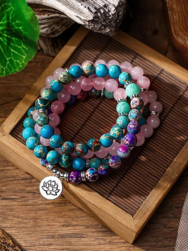 108 Mala Beads Necklace with Rose Quartz, Amazonite, and Jasper | Lotus Charm Meditation Mala | Brahmatells - BrahmatellsStore