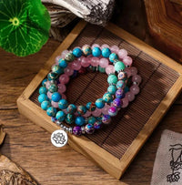 108 Mala Beads Necklace with Rose Quartz, Amazonite, and Jasper | Lotus Charm Meditation Mala | Brahmatells by Brahmatells