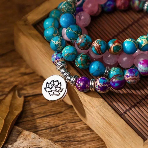 108 Mala Beads Necklace with Rose Quartz, Amazonite, and Jasper | Lotus Charm Meditation Mala | Brahmatells by Brahmatells