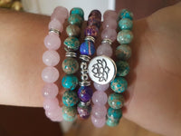 108 Mala Beads Necklace with Rose Quartz, Amazonite, and Jasper | Lotus Charm Meditation Mala | Brahmatells by Brahmatells
