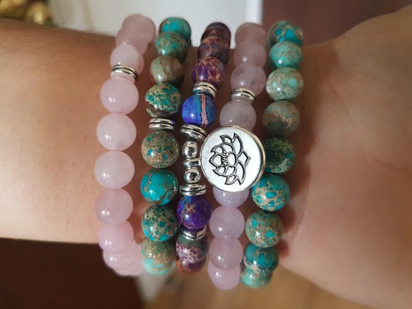 108 Mala Beads Necklace with Rose Quartz, Amazonite, and Jasper | Lotus Charm Meditation Mala | Brahmatells by Brahmatells