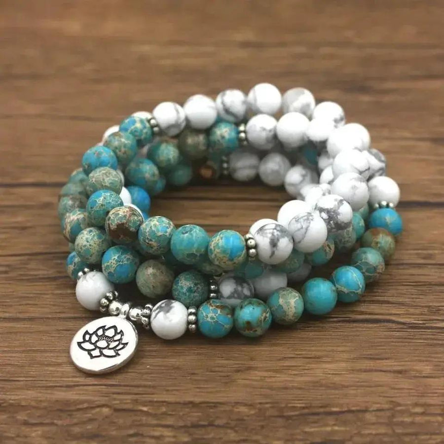 108 Mala Beads with Howlite and Turquoise Stones. Stunning Meditation Mala with Charm. Japa Mala. Prayer beads. by Brahmatells
