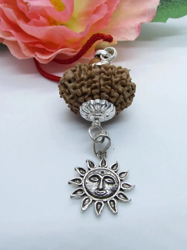 12 Mukhi Rudraksha Pendant with Surya Symbol in Silver - Spiritual Jewelry for Leadership & Clarity by Brahmatells