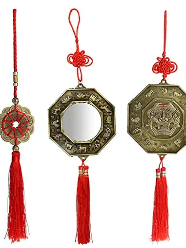 3 Pcs Feng Shui combo, Bagua Mirror, Guardian Lion Biting A Sword, Ancient Coins with Chinese Knot Tassel, Lucky Charm for Gifts, Home Protection. by Brahmatells