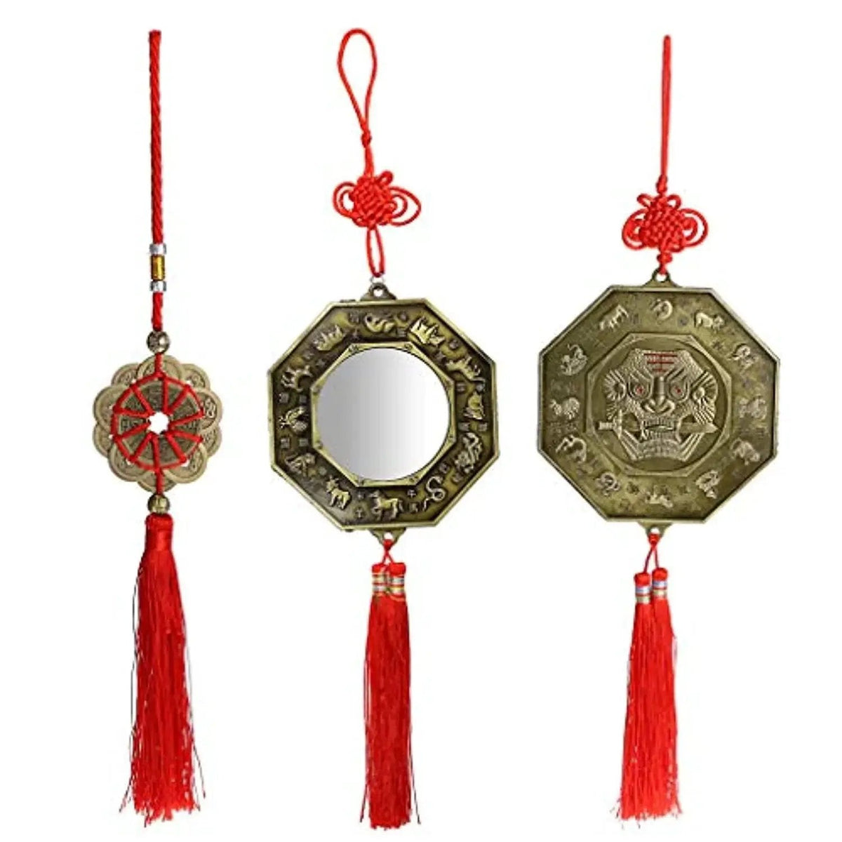 3 Pcs Feng Shui combo, Bagua Mirror, Guardian Lion Biting A Sword, Ancient Coins with Chinese Knot Tassel, Lucky Charm for Gifts, Home Protection. by Brahmatells