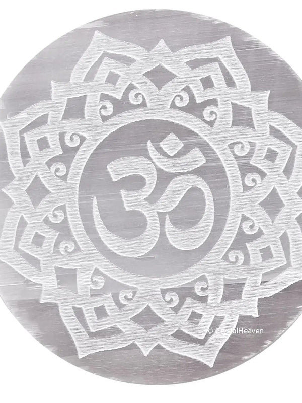Selenite Charging Plate with the sacred Om symbol and the Flower of Life pattern by Brahmatells