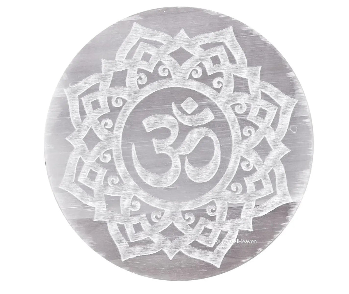 Selenite Charging Plate with the sacred Om symbol and the Flower of Life pattern by Brahmatells