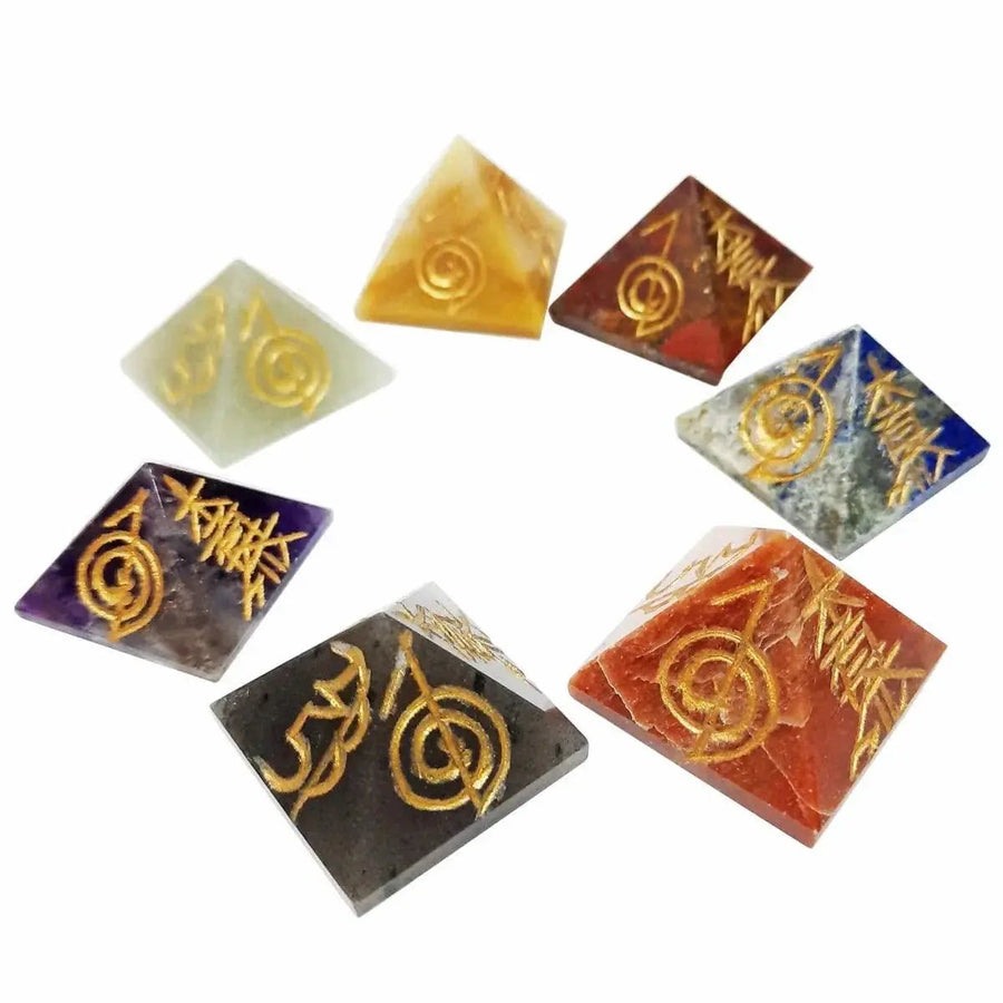 7 Chakra Symbol Engraved Reiki Healing Chakra Balancing Pyramid Chakra Set for Reiki Healing Crystal Healing & Yoga & Meditation (Multi Color Pyramid Shape) by Brahmatells