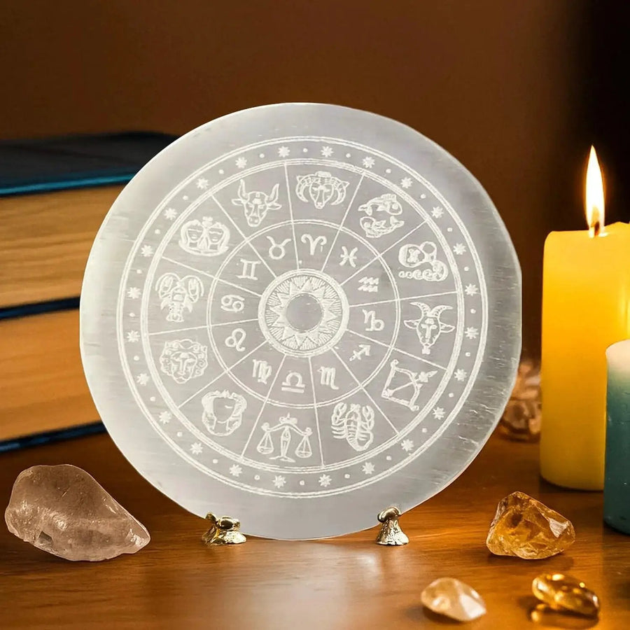 Brahmatells Selenite Charging Plate with Om Engraving - 8cm by Brahmatells