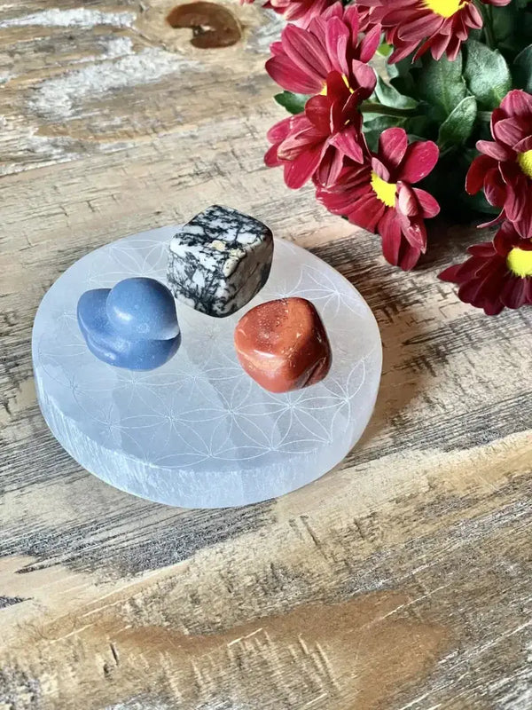 Selenite Charging Plate with the sacred Om symbol and the Flower of Life pattern by Brahmatells