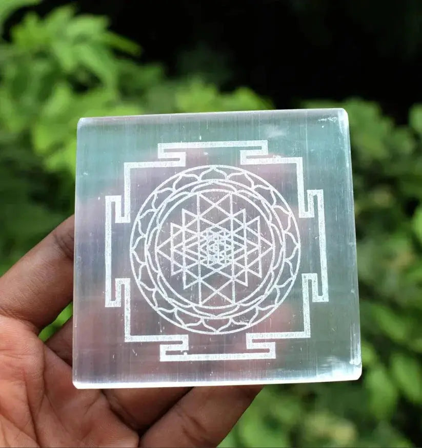 Brahmatells 3-Inch Selenite Charging Plate with Sri Yantra by Brahmatells