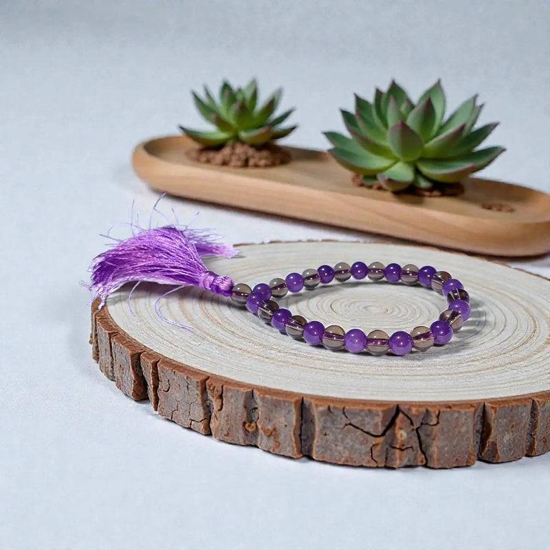 Ethereal Shield Mala Bracelet – Amethyst & Smoky Quartz Beads by Brahmatells