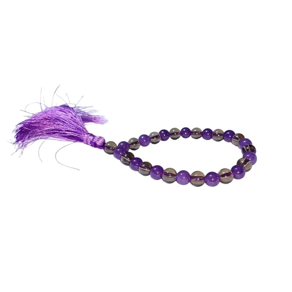 Ethereal Shield Mala Bracelet – Amethyst & Smoky Quartz Beads by Brahmatells