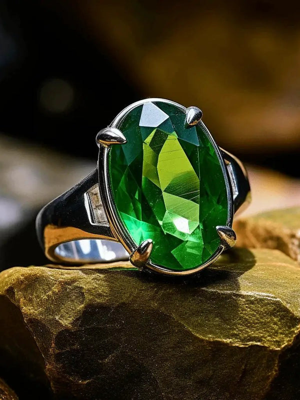 Adjustable Silver Emerald Oval-Yellow-Green Ring - Panna | Brahmatells by Brahmatells