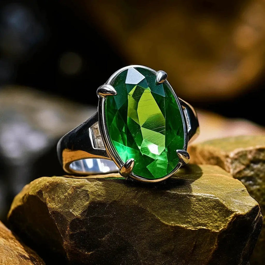 Adjustable Silver Emerald Oval-Yellow-Green Ring - Panna | Brahmatells by Brahmatells