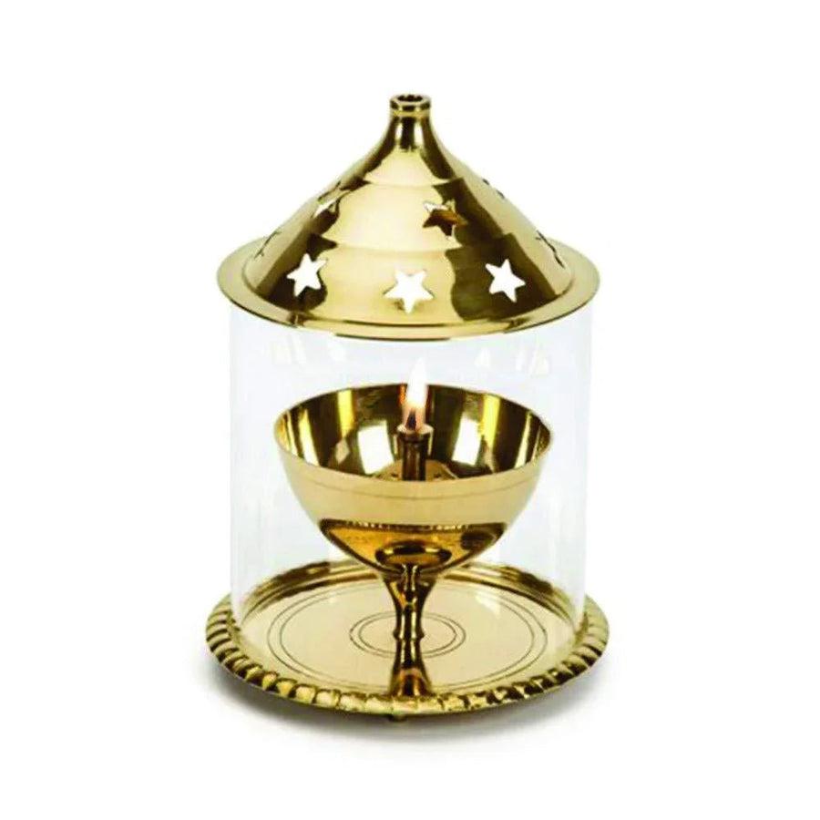 Akhand Diya with Borosilicate Glass (Brass Diya) (Golden ) by Brahmatells