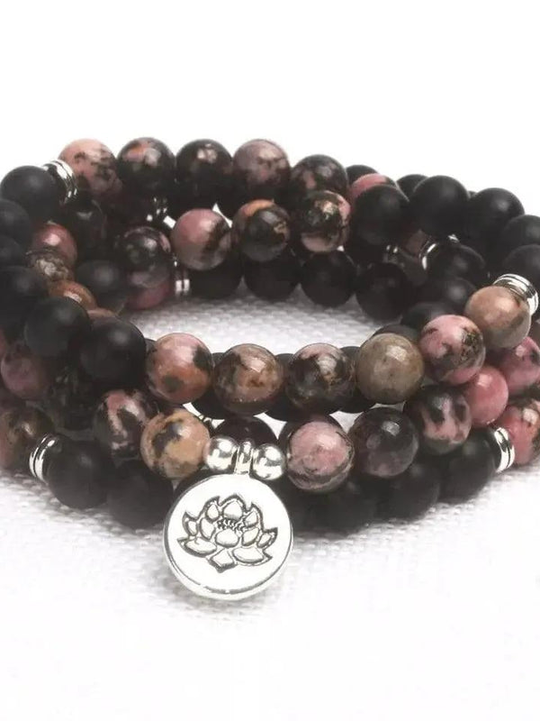 Black Onyx & Rhodonite 108 Mala Beads Necklace - Lotus Charm | Brahmatells by Brahmatells