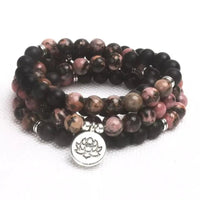 Black Onyx & Rhodonite 108 Mala Beads Necklace - Lotus Charm | Brahmatells by Brahmatells