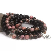 Black Onyx & Rhodonite 108 Mala Beads Necklace - Lotus Charm | Brahmatells by Brahmatells