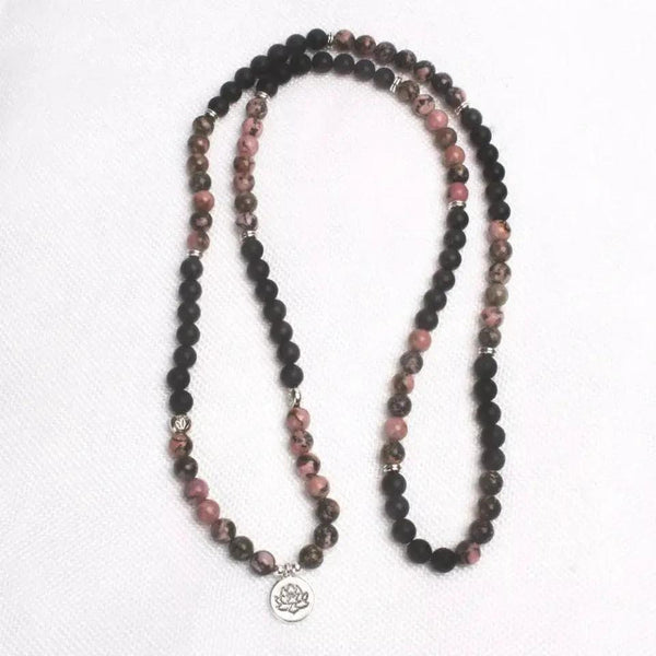Black Onyx & Rhodonite 108 Mala Beads Necklace - Lotus Charm | Brahmatells by Brahmatells