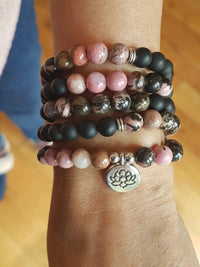 Black Onyx & Rhodonite 108 Mala Beads Necklace - Lotus Charm | Brahmatells by Brahmatells