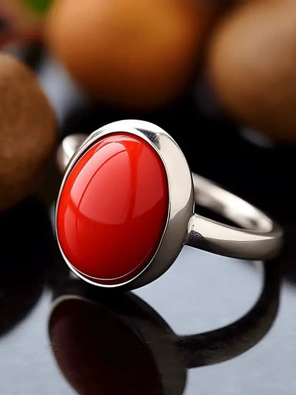 Brahmatells Red Coral Oval-Apple-Red Ring in Golden Setting: Mars-Infused Gem for Empowerment by Brahmatells
