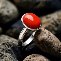 Brahmatells Red Coral Oval Ring in Silver Setting by Brahmatells