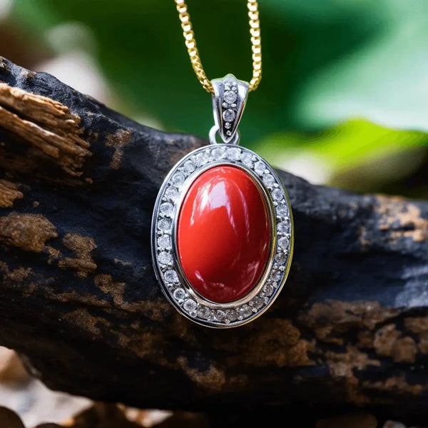 Brahmatells Red Coral Oval-Wine-Red Pendant: Mars-Infused Gemstone for Empowerment by Brahmatells