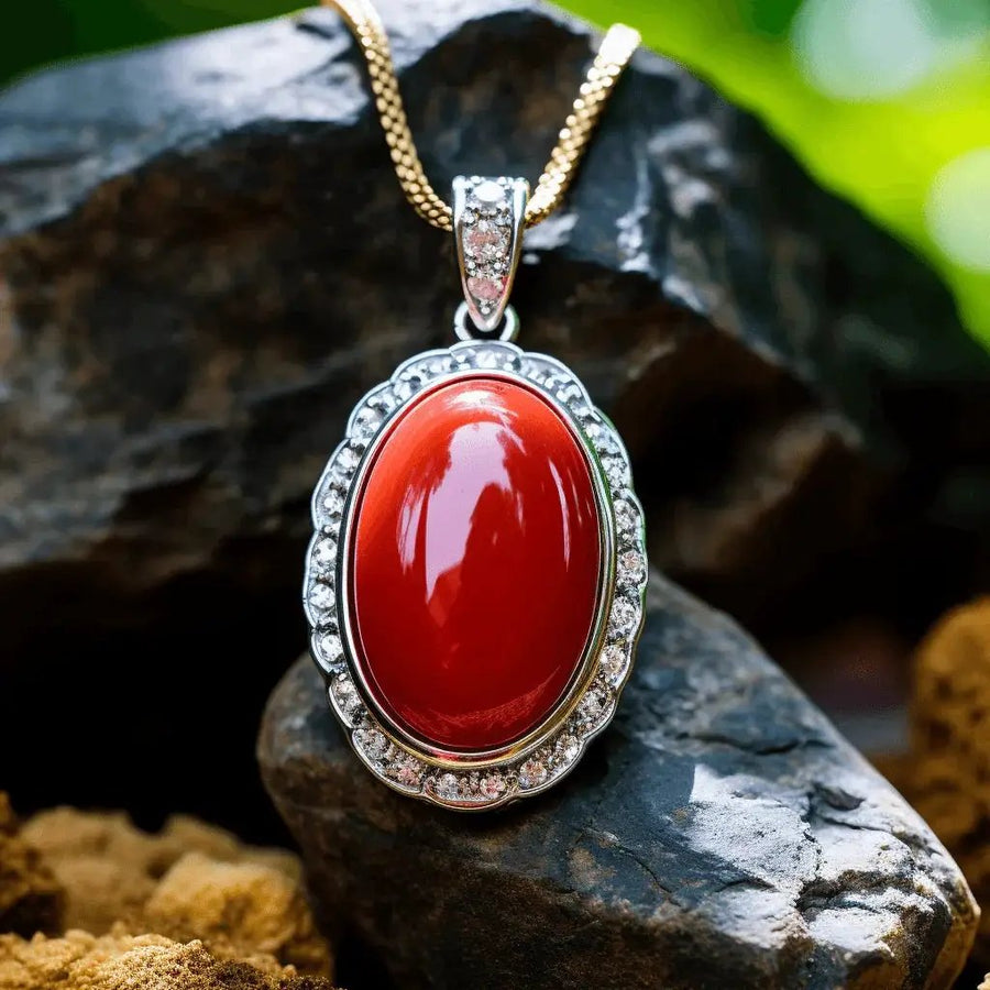 Brahmatells Red Coral Oval-Wine-Red Pendant: Mars-Infused Gemstone for Empowerment by Brahmatells