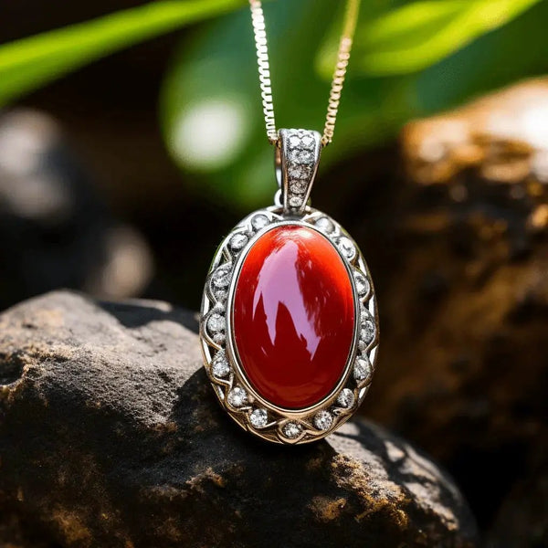 Brahmatells Red Coral Oval-Wine-Red Pendant: Mars-Infused Gemstone for Empowerment by Brahmatells