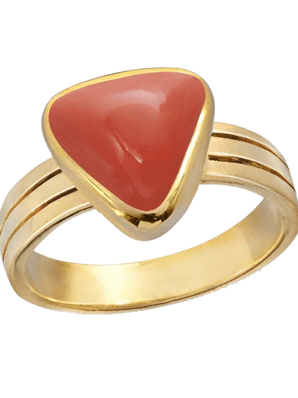 Brahmatells Red Coral Triangle-Apple-Red Ring in Golden Setting: A Mars-Inspired Gemstone by Brahmatells