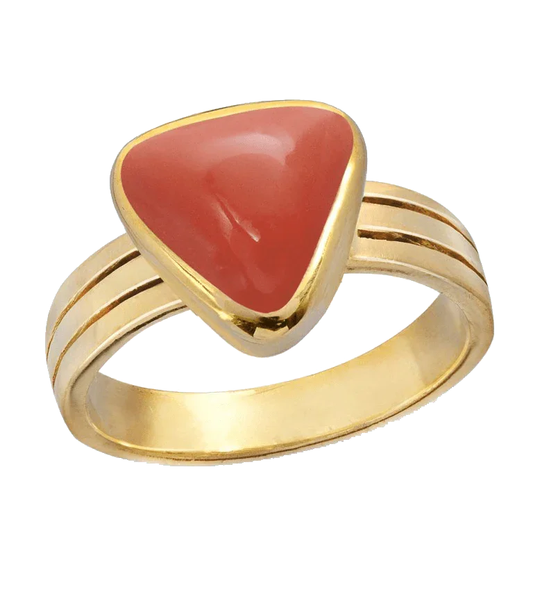Brahmatells Red Coral Triangle-Apple-Red Ring in Golden Setting: A Mars-Inspired Gemstone by Brahmatells