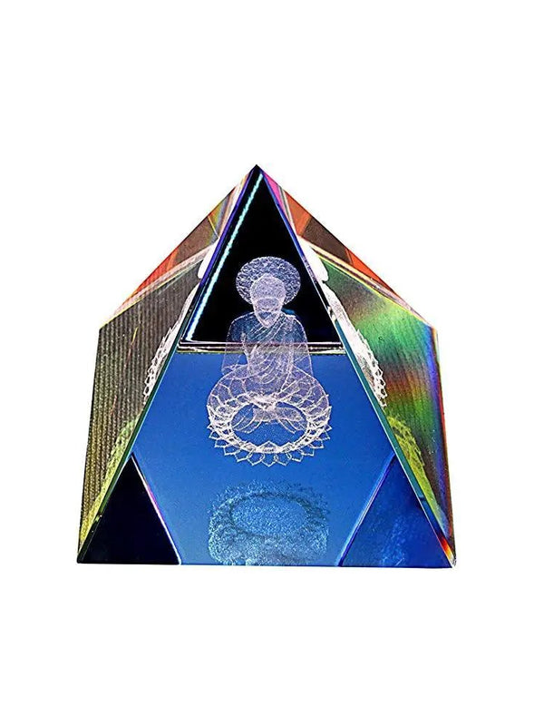 Crystal Clear Glass Pyramid with Buddha Sitting in Meditative Posture (Small) by Brahmatells
