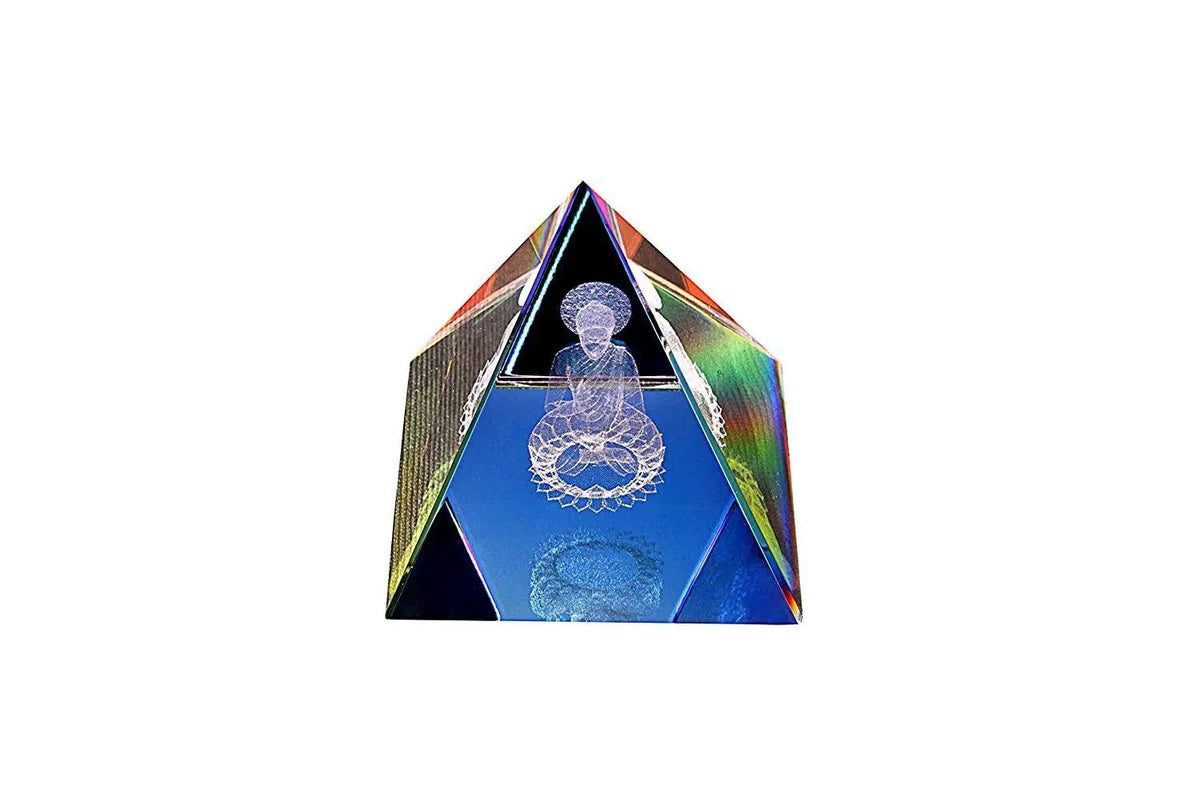 Crystal Clear Glass Pyramid with Buddha Sitting in Meditative Posture (Small) by Brahmatells