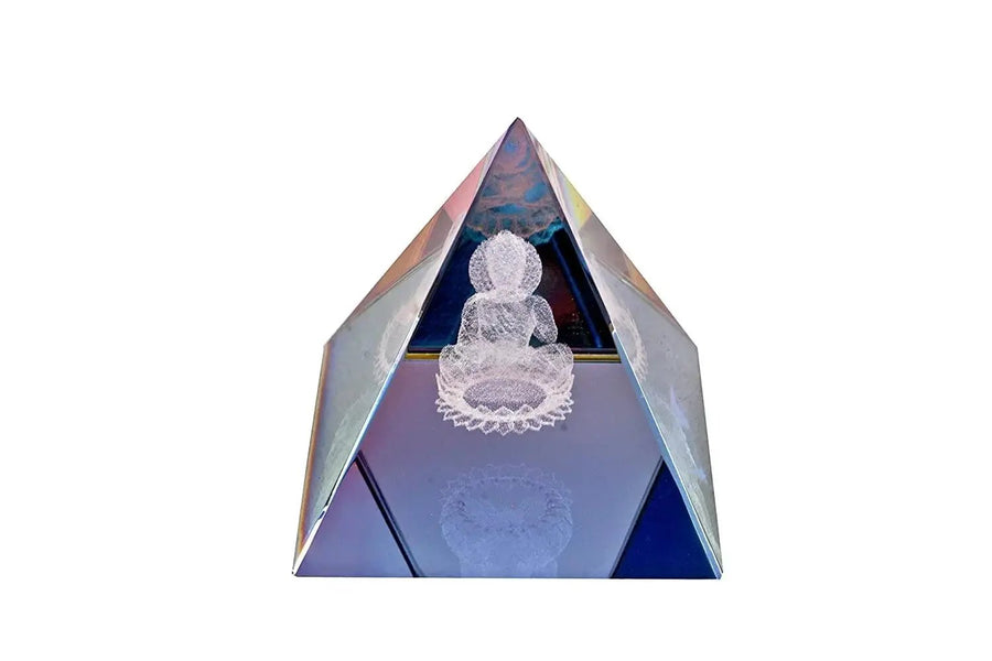 Crystal Clear Glass Pyramid with Buddha Sitting in Meditative Posture (Small) by Brahmatells