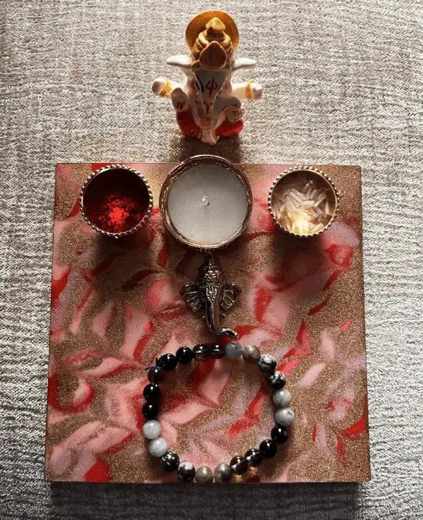 Brahmatells Handmade Resin Pooja Thali with Crystal Rakhi by Brahmatells