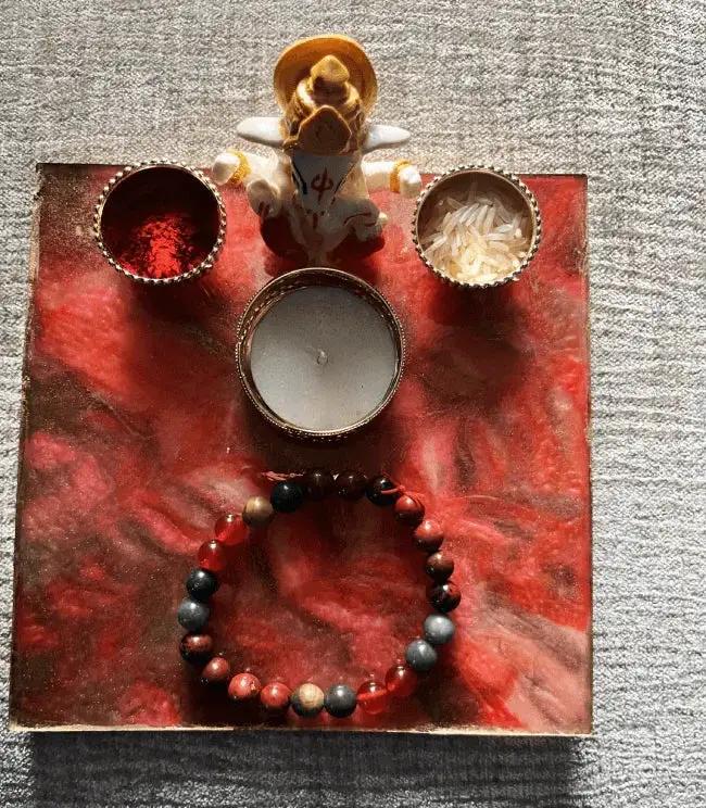 Brahmatells Handmade Resin Pooja Thali with Crystal Rakhi by Brahmatells